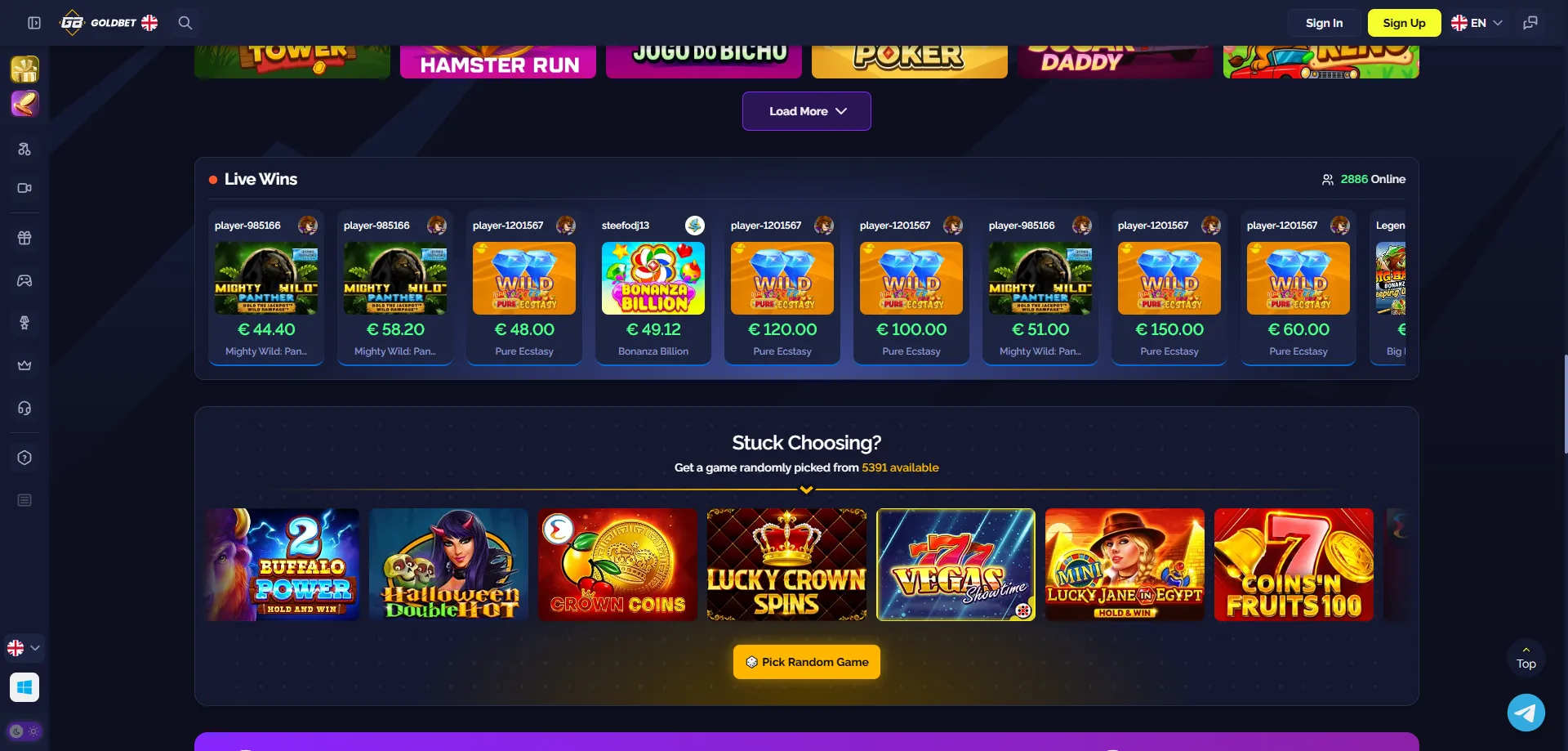 Goldbet Casino slots and live casino games lobby — top titles 2026